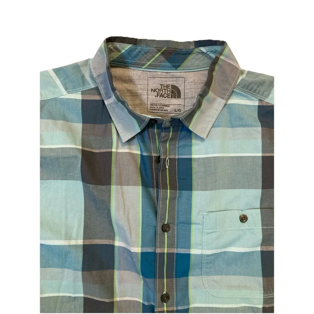 The North Face Mens Size L Button Down Shirt Short Sleeve Green Plaid Spring